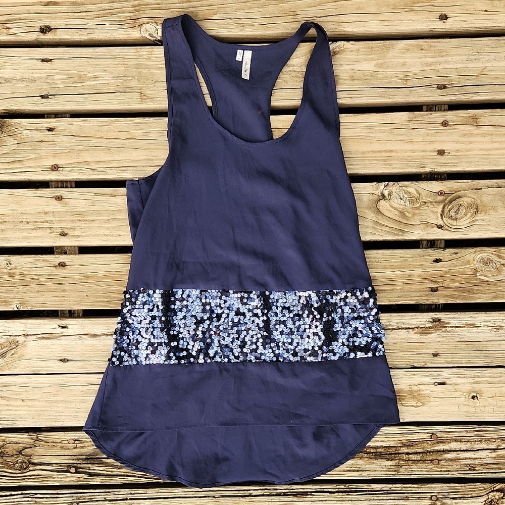 Navy Blue Sequin Studio Y Tank Top Chiffon Light Y2k Going Out Small Holiday